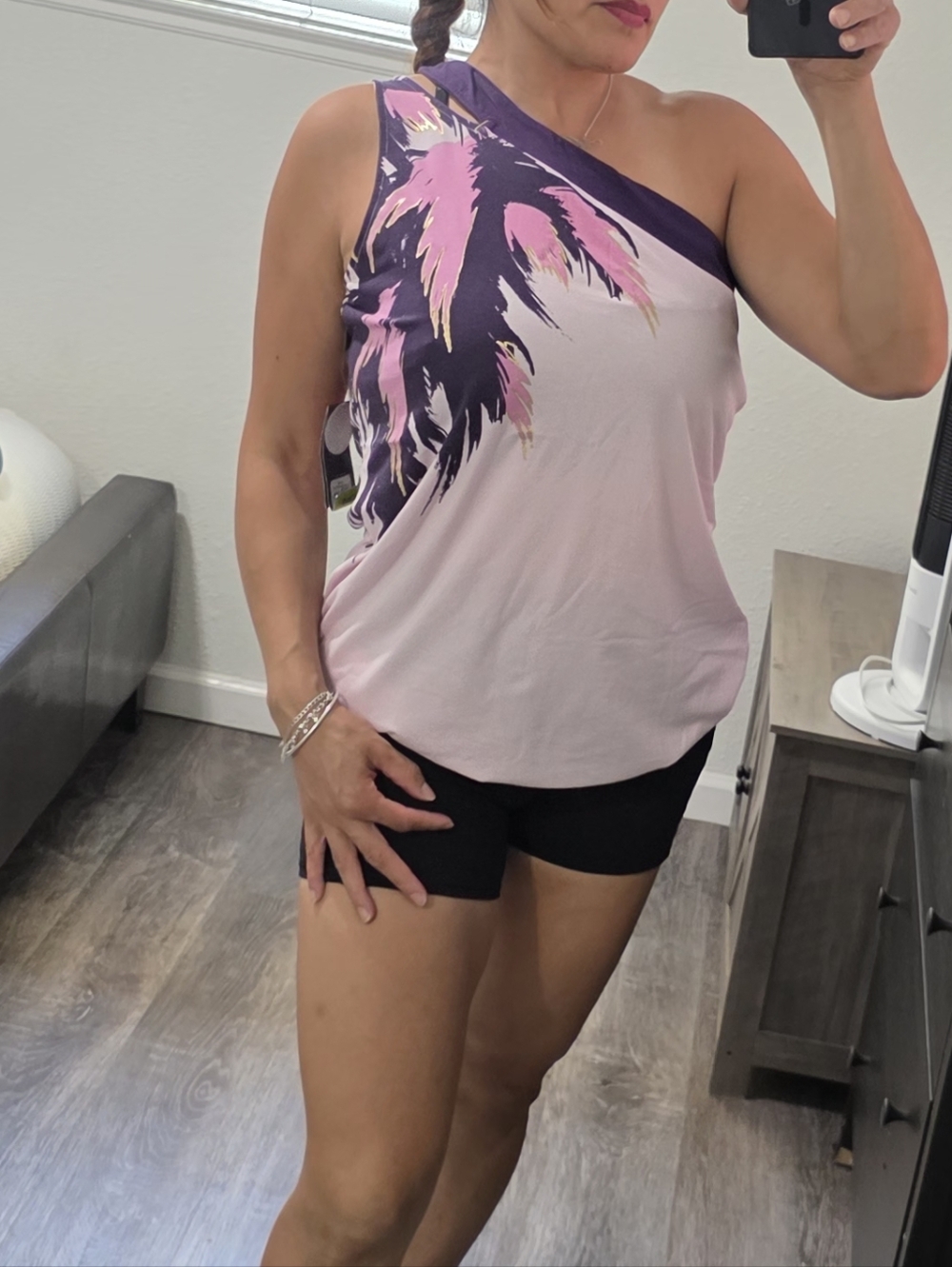 Zumba Fitness White One-Shoulder Tank with Purple Graphic